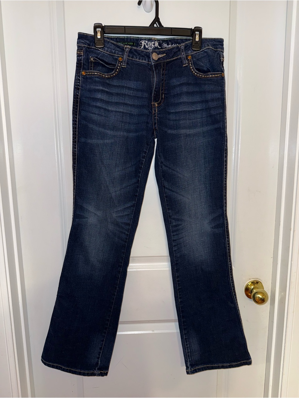 Wrangler Rock 47 Ladies Dark‎ Blue Flare Jeans Ultra Low Rise Size 29x32